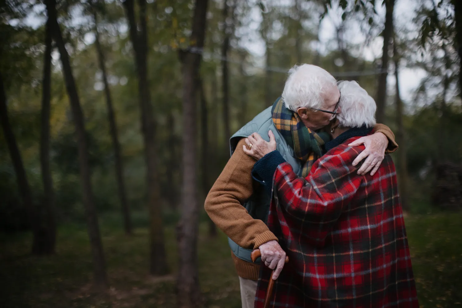Senior couple hugging each other in autumn forest.